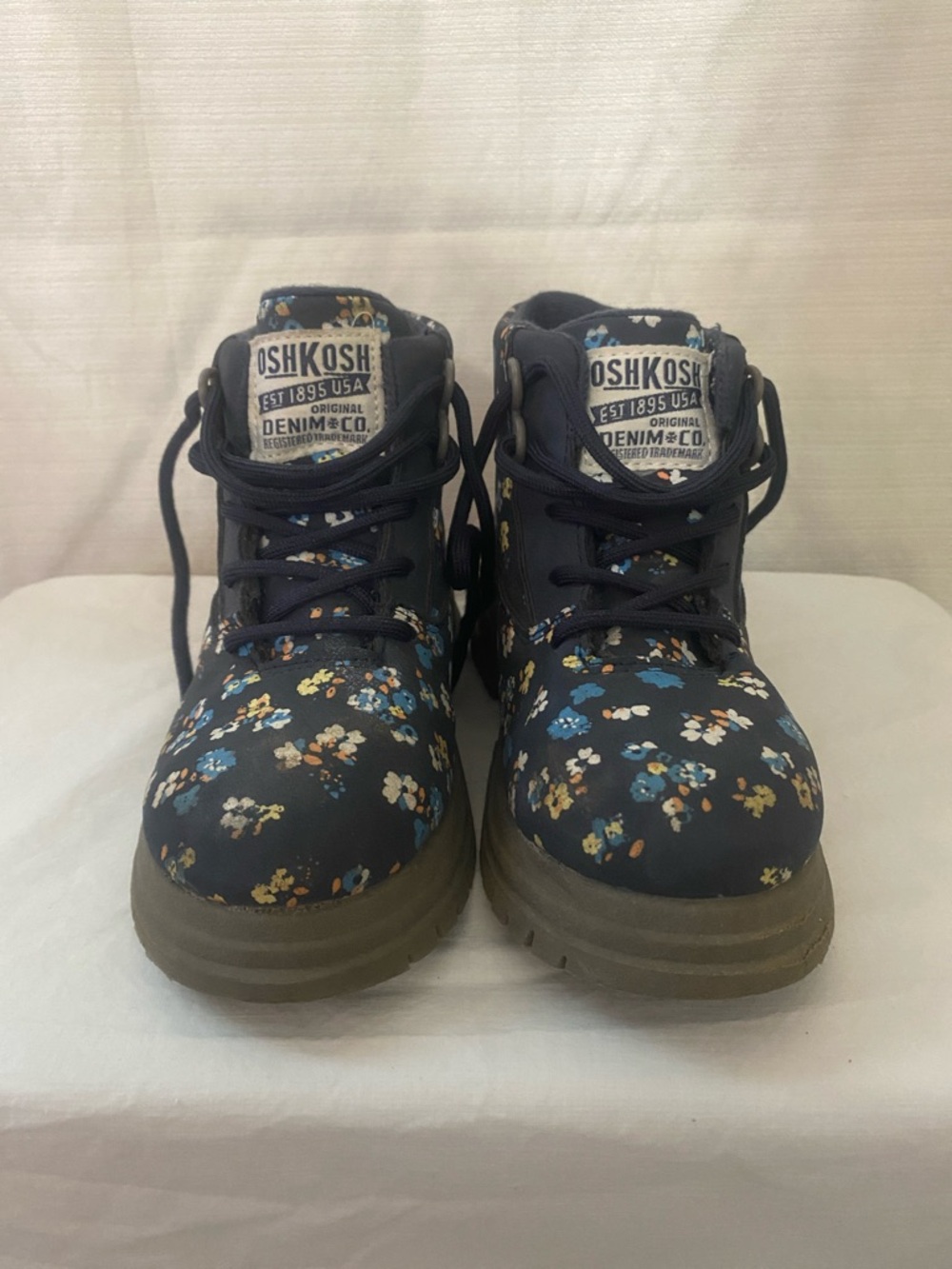 OshKosh B'gosh Navy Floral Lace-Up Kids Boots Thick Soles Girls Hiking - Picture 6 of 8